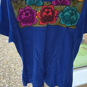 Vibrant Blue Floral Embroidered Women's Tee